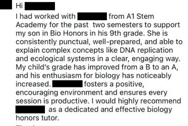Parent testimonial screenshot