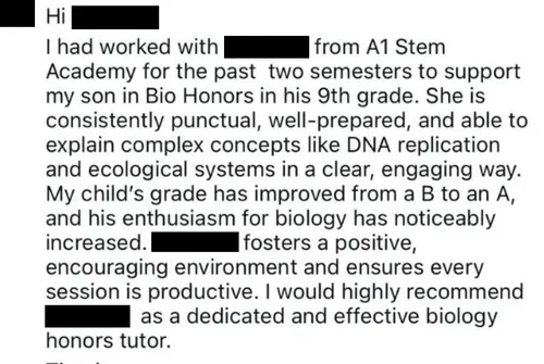 Parent testimonial screenshot